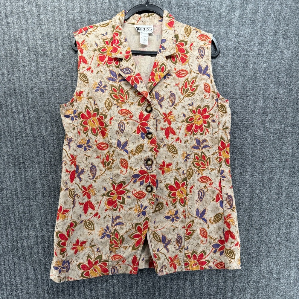 Russ Top Womens 14 Beige Floral Button Up Sleeveless Boho Cottage Peasant Hippie